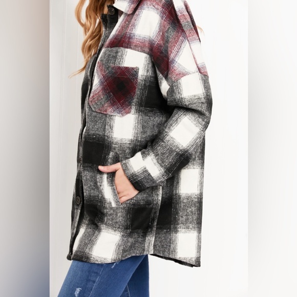 Colors of Autumn Full Size Plaid Shacket in Black/Burgundy - Picture 10 of 10